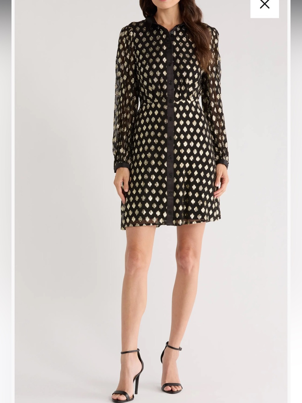 New Halogen Small Black Gold Foil Dot Empire Waist Long Sleeve Shirtdress R $119